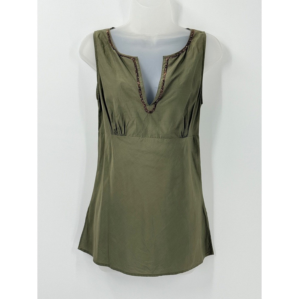NY & Co Silk Cotton Beaded Split Neck Sleeveless Top sz 8 Boho vacation resort‎